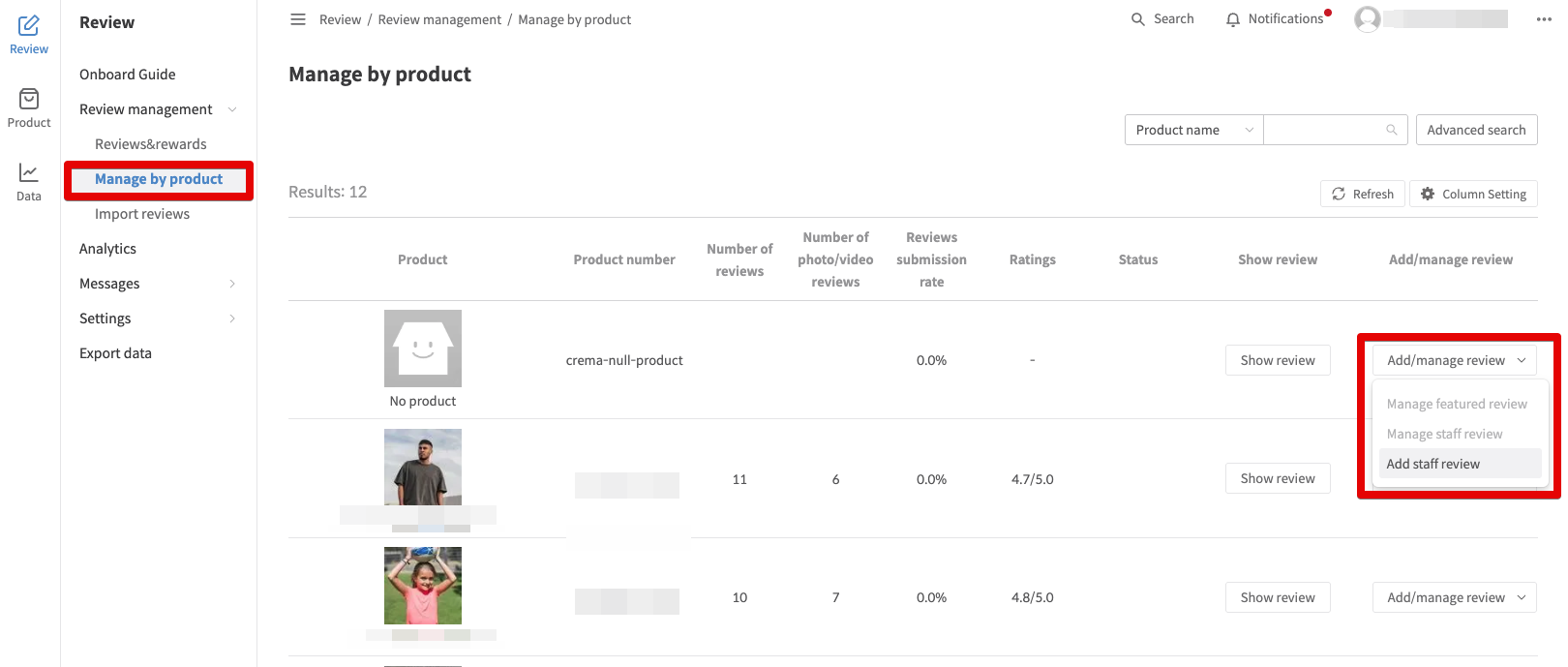 Interface showing add staff review button