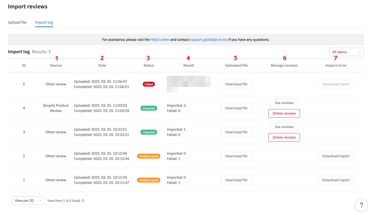 Screenshot of the 'Import log' tab showing review import history and status.